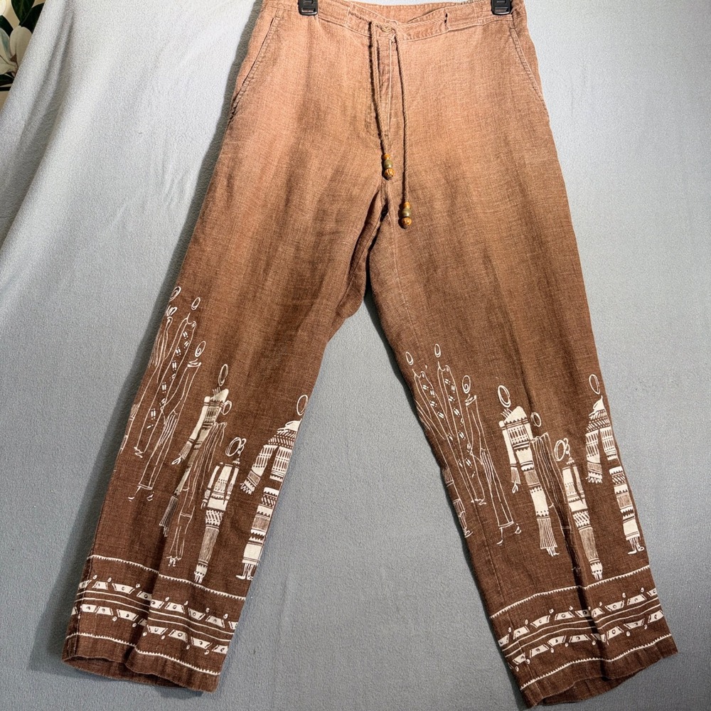 Easy Spirit 8‎ Brown Linen Graphic Print Boho Tribal Artsy Granny Coastal Pants